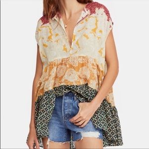 Free People Gotta Have You Yellow Floral Contrast Patchwork Tunic Top